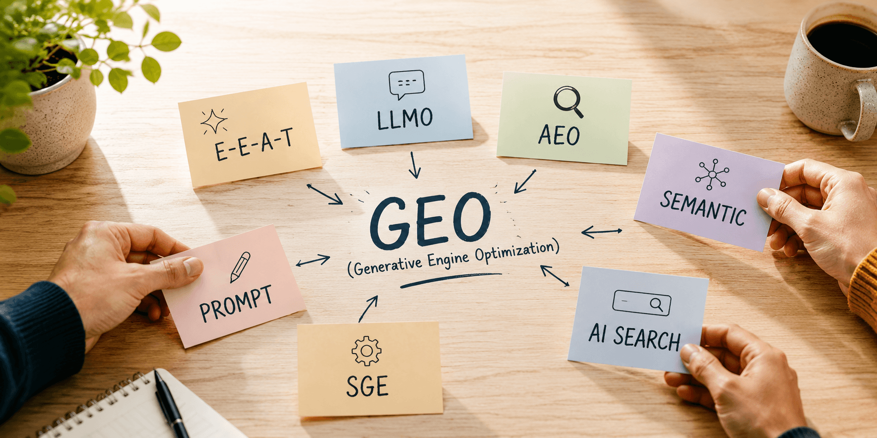 Foto met termen op post-its die over vindbaarheid in AI-tools gaan: E-E-A-T, LLMO, AEO, Semantic, prompt, SGE en AI search.
