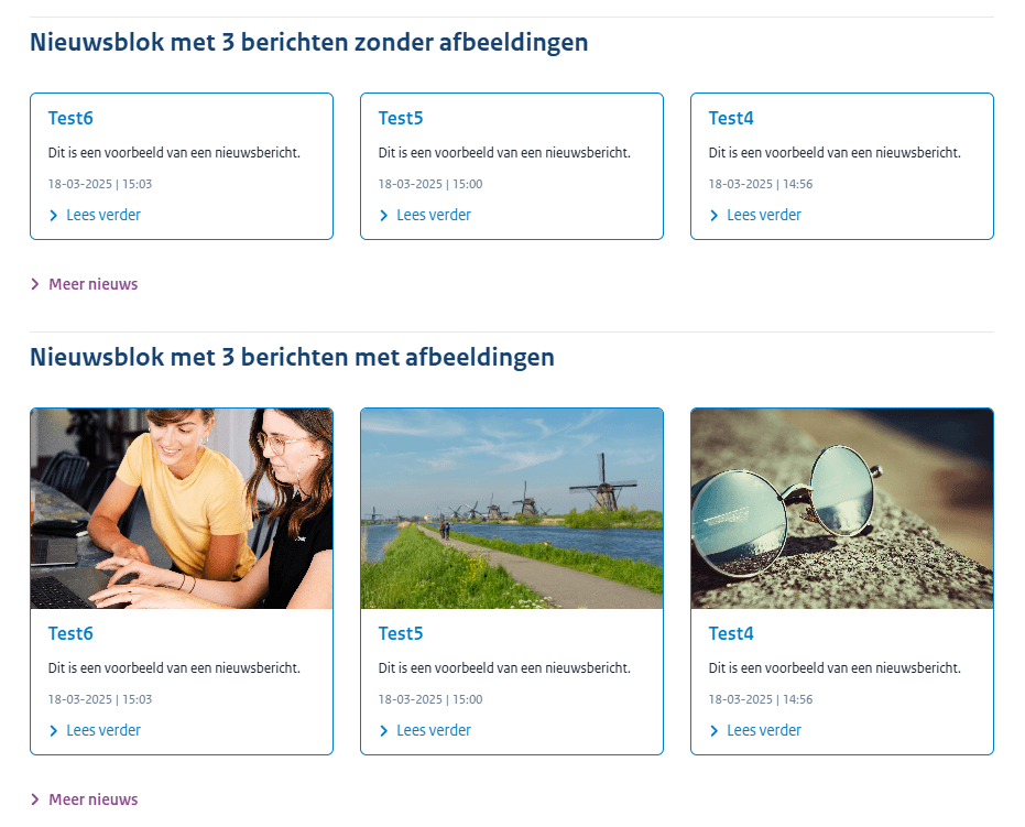 Screenshot van de nieuwsblokweergave op desktop met 3 berichten naast elkaar