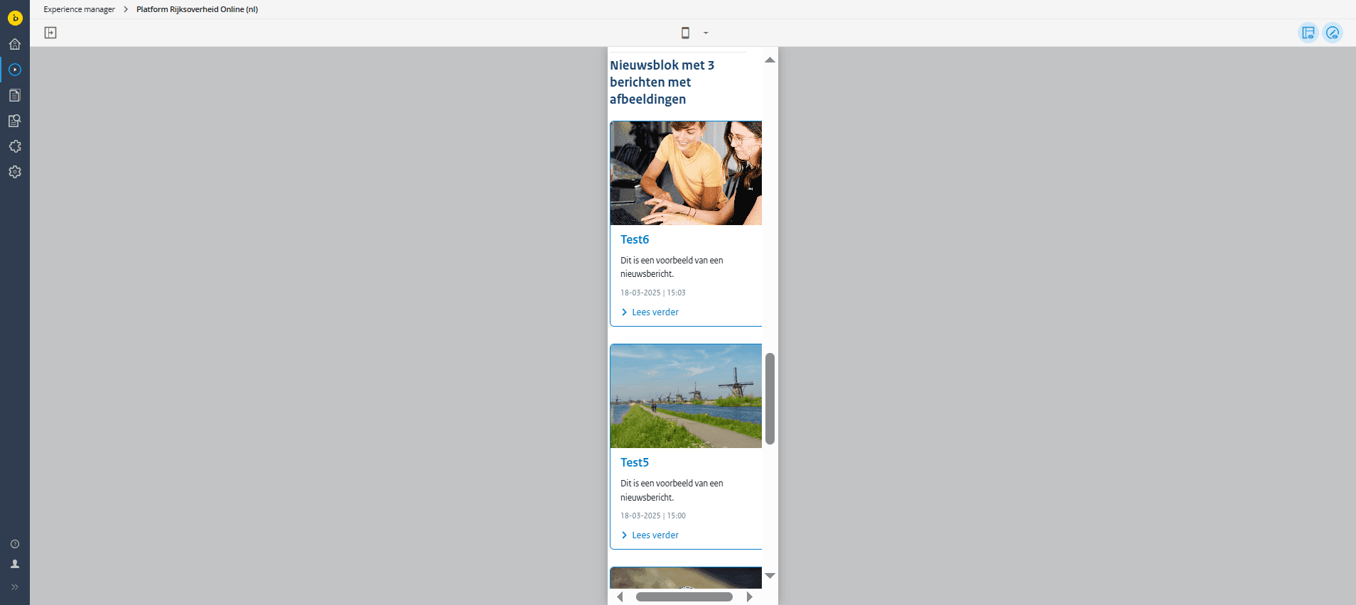 Screenshot van de nieuwsblokweergave op smartphones met de berichten onder elkaar