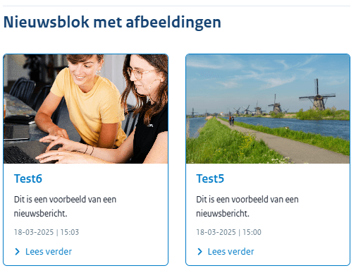 Screenshot van de nieuwsblokweergave op tablets met 2 berichten naast elkaar