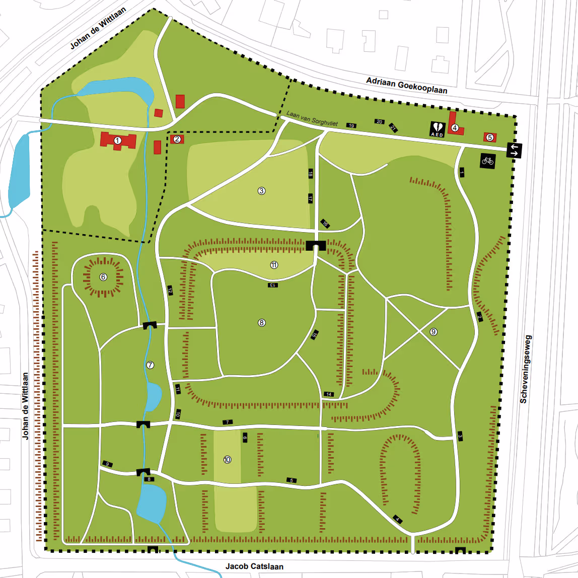 Getekende plattegrond van park Sorghvliet