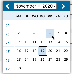 In de datumkiezer heeft de datum met de muisaanwijzer te weinig contrast.