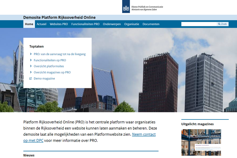 Grote afbeelding op homepage Platformrijksoverheiddemo.nl met daarin een blok met links naar Toptaken